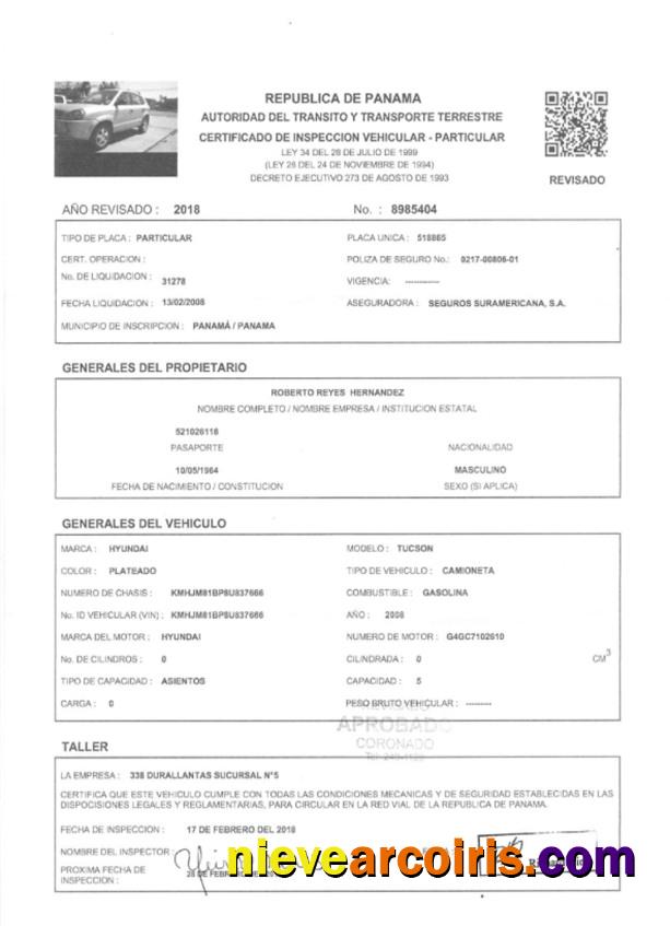 Panama vehicle registration certificate